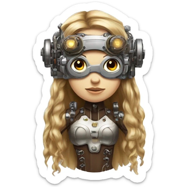 Brown long hair with blonde steaks female cyborg head, fair skin, steampunk goggles and circuits sticker