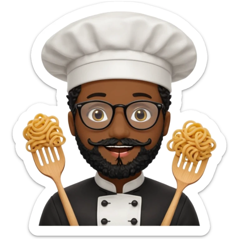 CHEF CON PELO NEGRO RIZO Y BARBA NEGRA, OJOS MARRON OSCURO Y GAFAS DE PASTA NEGRAS. SONRIE Y TIENE MARCAS DE BESOS CON FORMA DE LABIOS EN LAS MEJILLAS (COMO MANCHAS DE PINTALABIOS) sticker