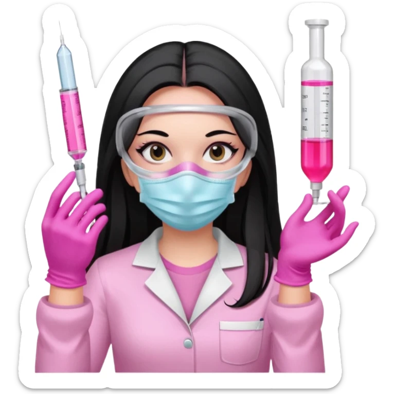 laboratorista con guantes rosa y mascarilla rosa jeringa tubo laboratorio sin lentes y ojos negros cabello largo negro color ojos oscuro color y cabello largo lacio guantes camisa y maascarilla mismo color sticker