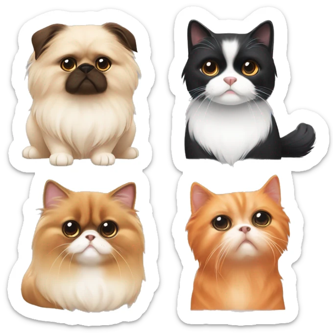 A pekingese dog, 1 orange cat, 1 tuxedo cat and 2 domestic cats sitting together sticker