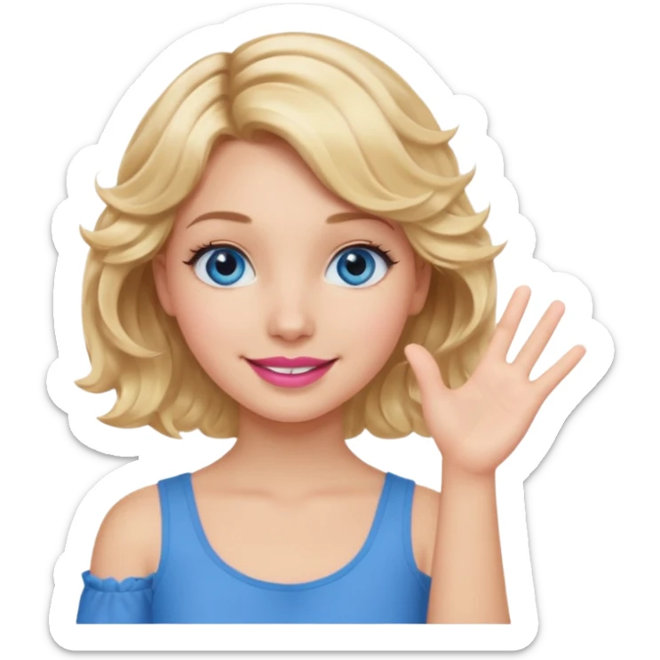Girl Blonde short wavy hair,  blue eyes, cute blue top, long lashes, pink lips, smiling, one hand palm up sticker