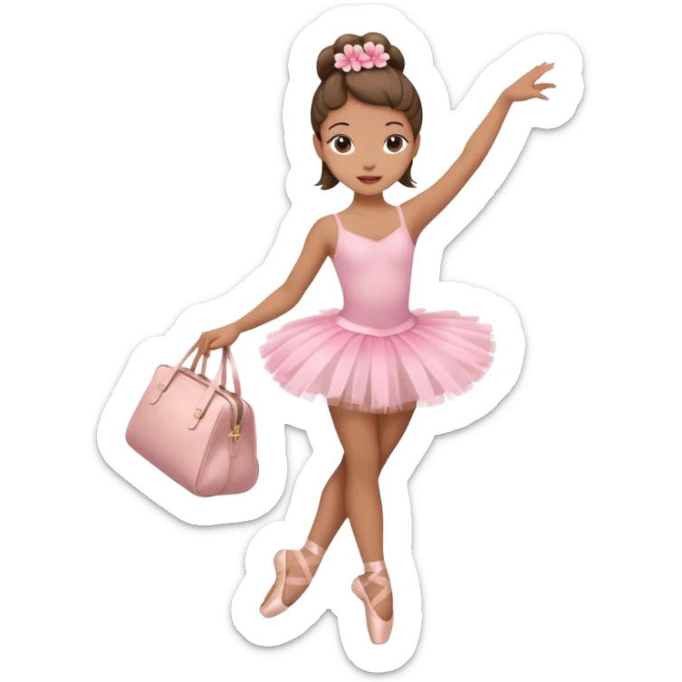 girl with a Hawaiian flower in her hair, wearing ballet heels, doing ballet with a bag sticker