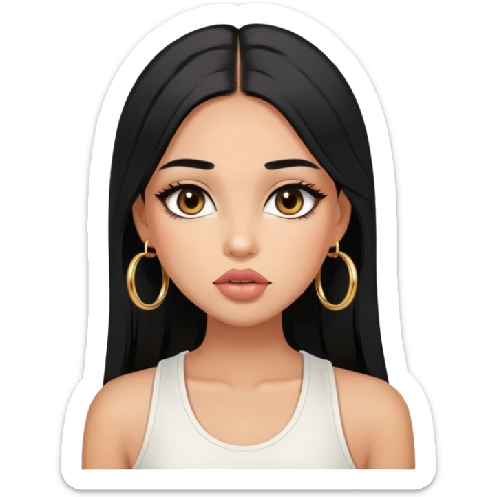 Tan-skinned girl, long straight black hair center-part, big brown eyes, gold hoops, white tank, prominent blush, sassy, big lips, makeup sticker