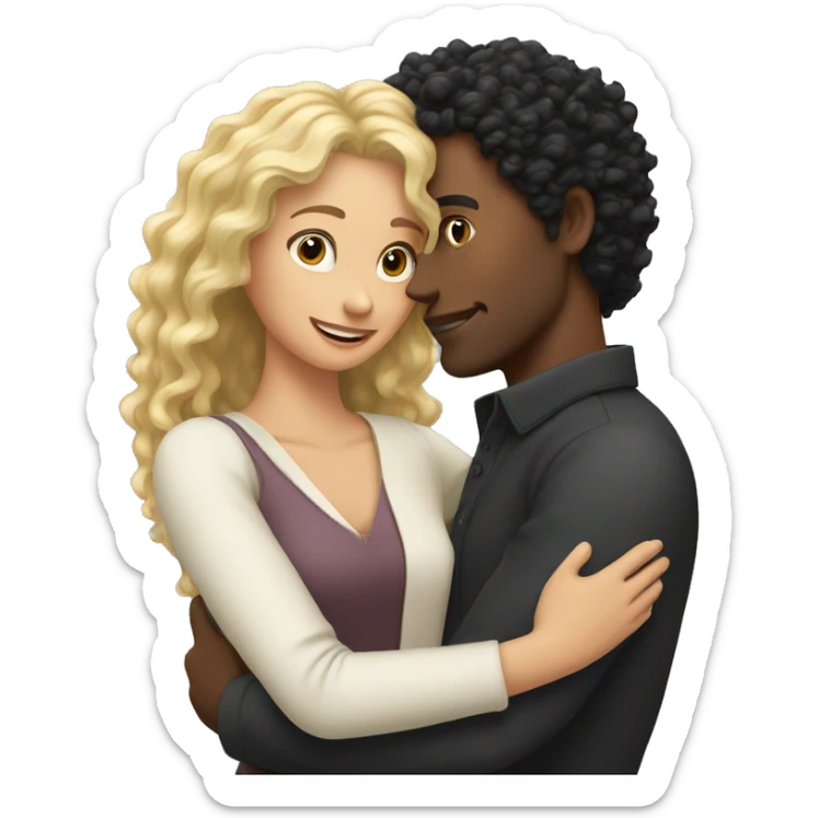 man with blonde curly hair hugs woman with black straight hair sticker