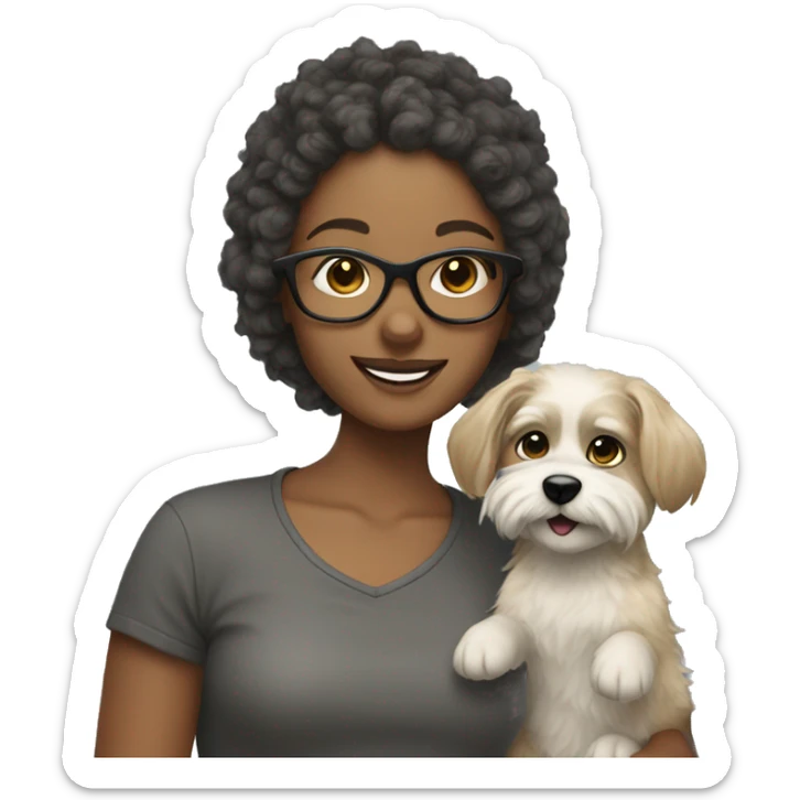 smiling girl with dark blonde hair and glasses holding a scruffy dog with gray and blonde fur sticker