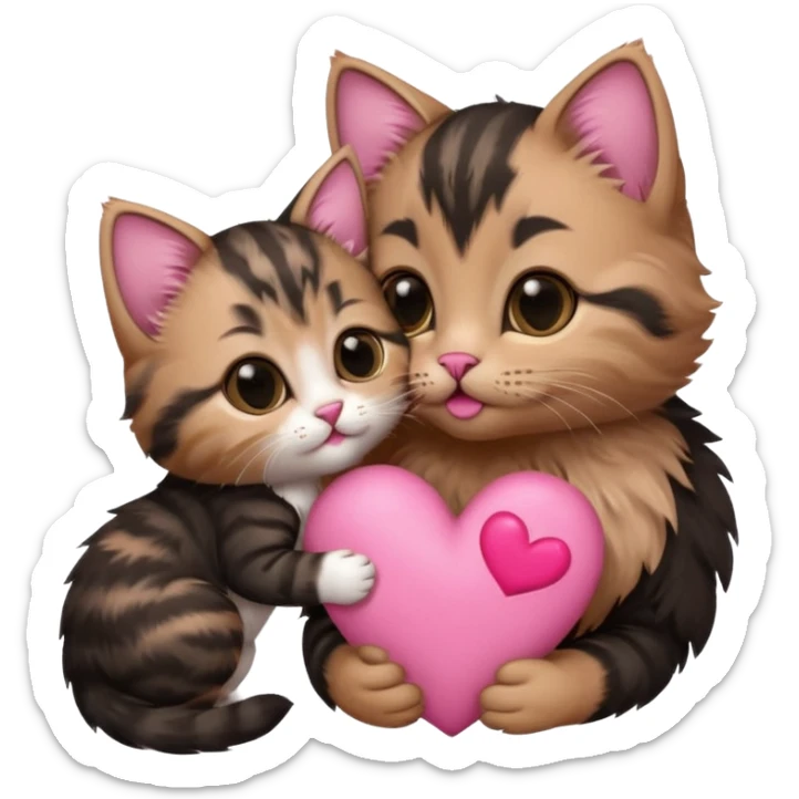 Kitten kissing black mommy kitten on the cheek with a pink heart symbol sticker
