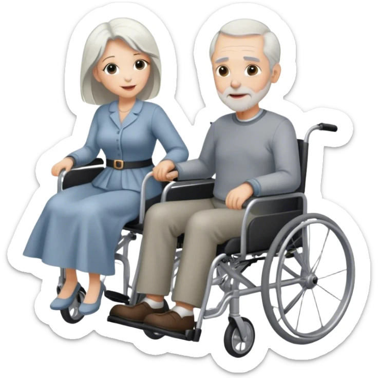 Older man pushing his wife in a wheelchair, he slightly balding with silver hair. She has long blonde hair and mini schnauzer is in her lap. sticker