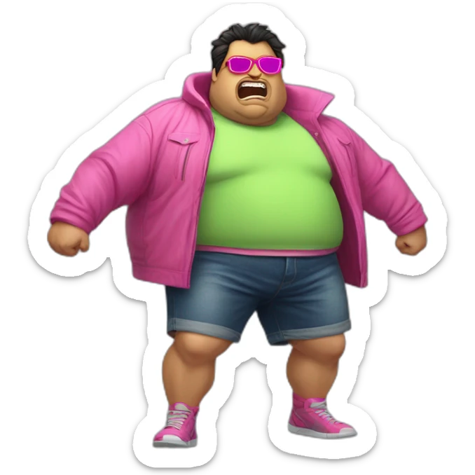 fat man with dark hair,a vibrant long yellow jacket, pink glasses, short jeans shorts. Show full lenght peson, person fighting a monster as superhero sticker