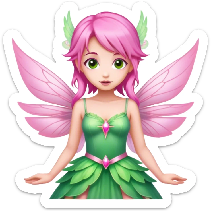 pink fairy with pink hair and pink wings in green dress magical sticker