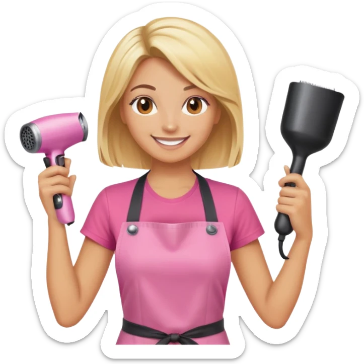 blonde female hairstylist smiling, pink t-shirt, orange apron, holding scissors and hairdryer with hands raised sticker