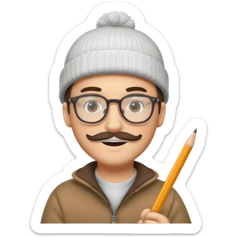 A creative young man with a pencil, glasses and a beanie. He holds a pen in his hand. He has a slight moustache and bit of a beard sticker