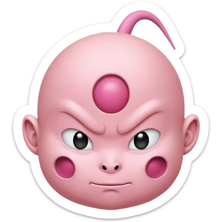 Majin Buu from Dragon Ball Z, pink round body with holes, antenna on head, childlike face sticker