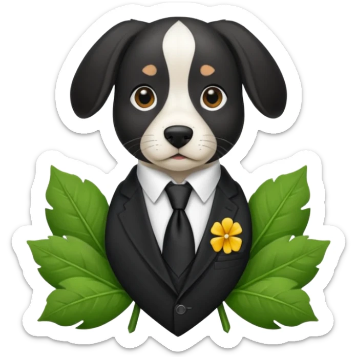 Un Springer allemand noir en costard-cravate et dans la petite poche du costard il y a un trèfle à quatre feuilles sticker