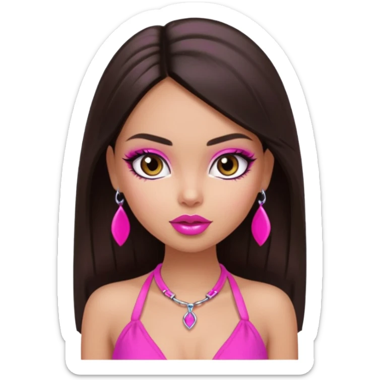 generate a pretty fair bratz girl with dark brown eyes, dark brown hair straight long. Wearing a hot pink halter neck top.  pink lipgloss sticker