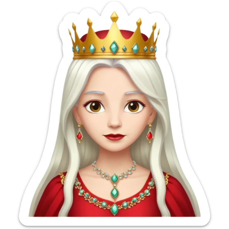 Queen with long white hair – jeweled golden crown, red dress. sticker