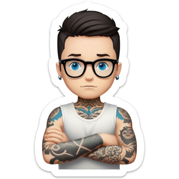 Blue eyed boy with black glasses and tattoos with arms crossed like an x sticker