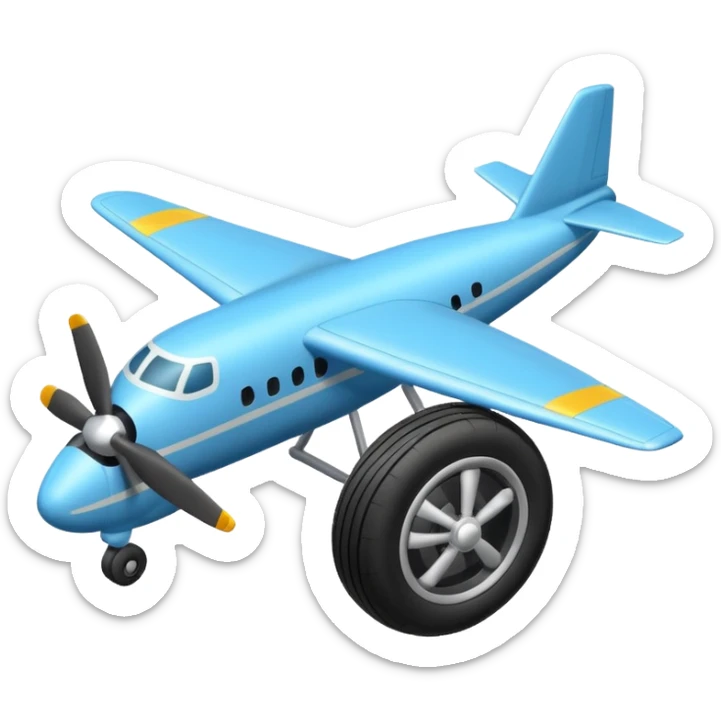 The aircraft's landing gear is one inflated, plump wheel with a strut, black in color, cartoon-style, isometric sticker