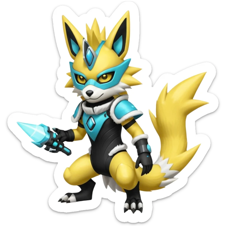 Shiny badass cool edgy spikey fluffy cyan yellow white electric complex futuristic Zeraora-Renamon-Electrike-Umbreon-Lombax-Weregarurumon-fusion-creature (full body) wearing a black cyber--helmet-mask sticker