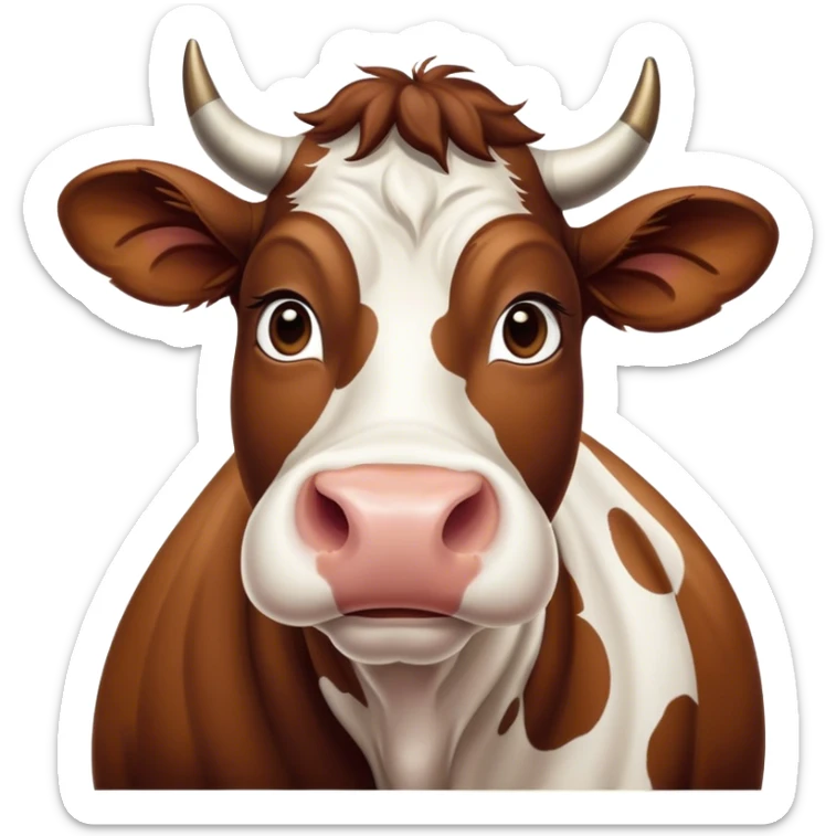 Cinematic Noble Brown and White Cow Portrait Emoji, Poised and regal, with a large, sturdy build and a beautifully patterned hide of rich brown accented by crisp white patches, deep-set soulful brown eyes, Simplified yet sharp and sophisticated features, highly detailed, glowing with a soft, dignified glow, high shine, intelligent and calm, stylized with an air of pastoral majesty, focused and attentive, soft glowing outline, capturing the essence of a watchful and confident bovine guardian, so majestic it feels as though it could amble out of the screen with effortless authority! sticker