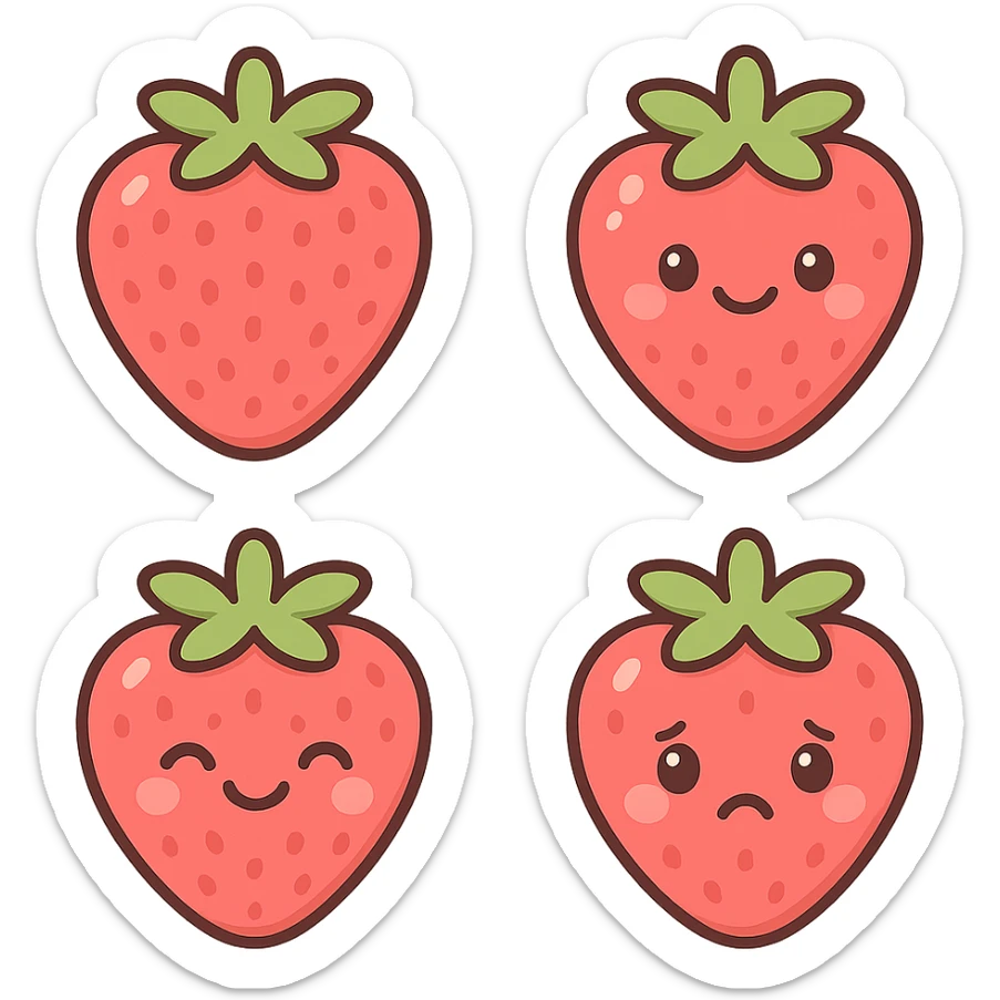 A series of illustrations stawberry in a kawaii emoji style, with detailed shading and highlights, thin clean outlines, soft and rounded features. Pastel color palette using  #FF5B5B, #CE4C4C,#CE4C4CThe style is inspired by modern Japanese pop art and sticker aesthetics. Highly detailed, vector clarity, soft lighting and subtle shadows. Transparent background without background. sticker