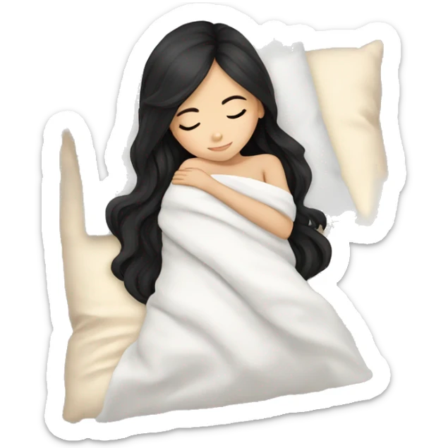 asian cute girl with long beauty black hair sleeping with white blanket and pillow sticker
