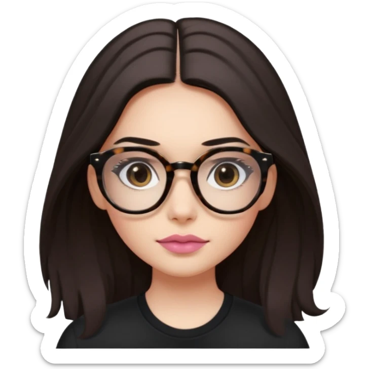 The girl with dark long hair, with divided in the middle hairstyle, white skin, black eyes, wearing black shirt and tortoise framed glasses. The mounth is light old pink, with light smile with no teeth. sticker