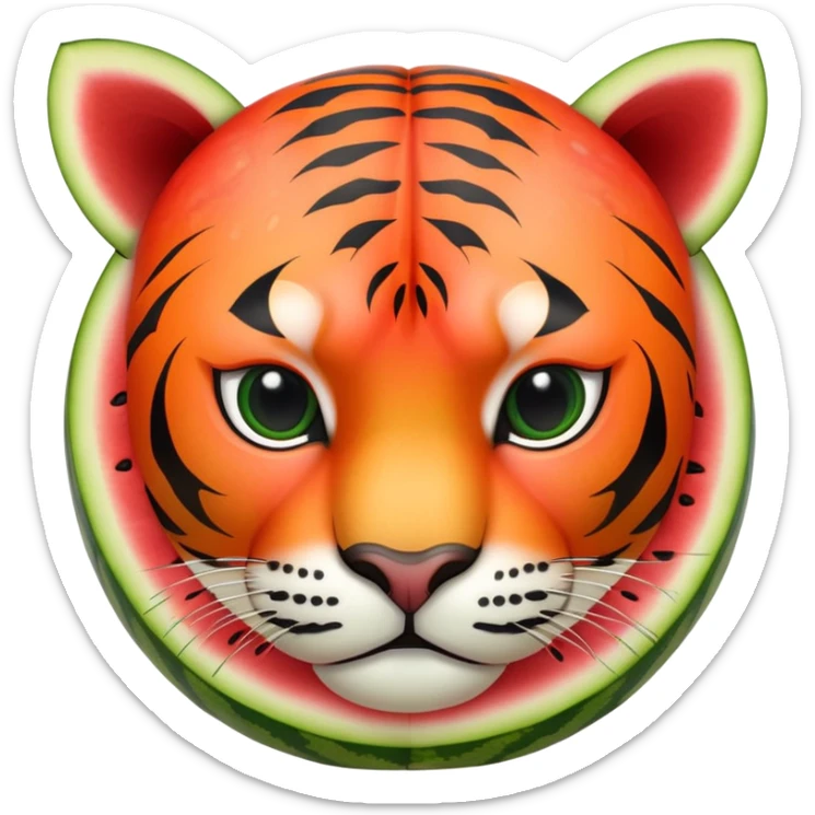Cartoon watermelon with tiger face where the red flesh is visible, tiger stripes blending with watermelon pattern sticker