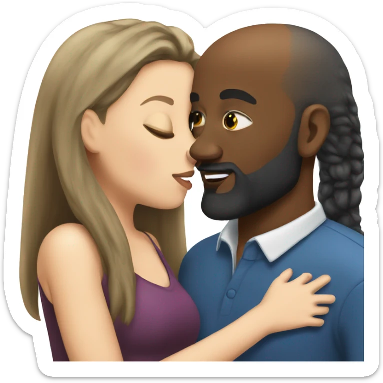 White girl brunette kissing black bald man with beard sticker