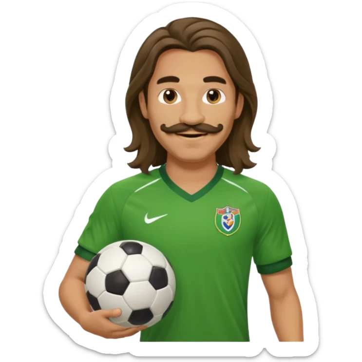 long hair man soccer player green jersey with mustache holding soccer ball sticker