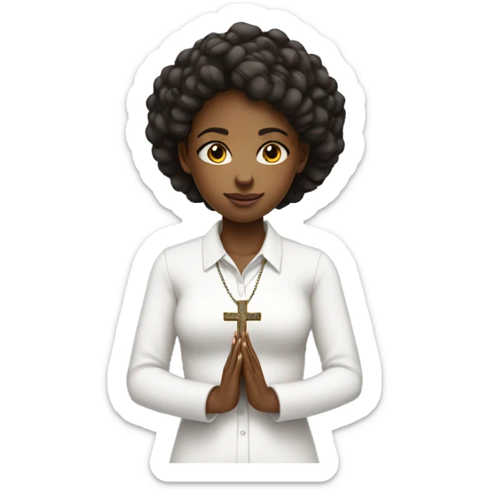 Young Black woman praying with cross necklace in hands white collar shirt sticker
