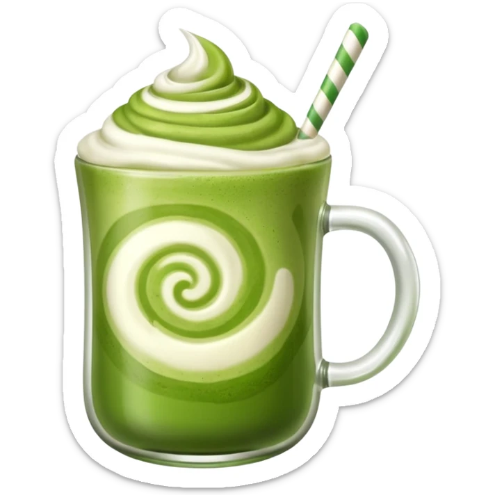a glass mug of matcha latte with a swirl of foam sticker