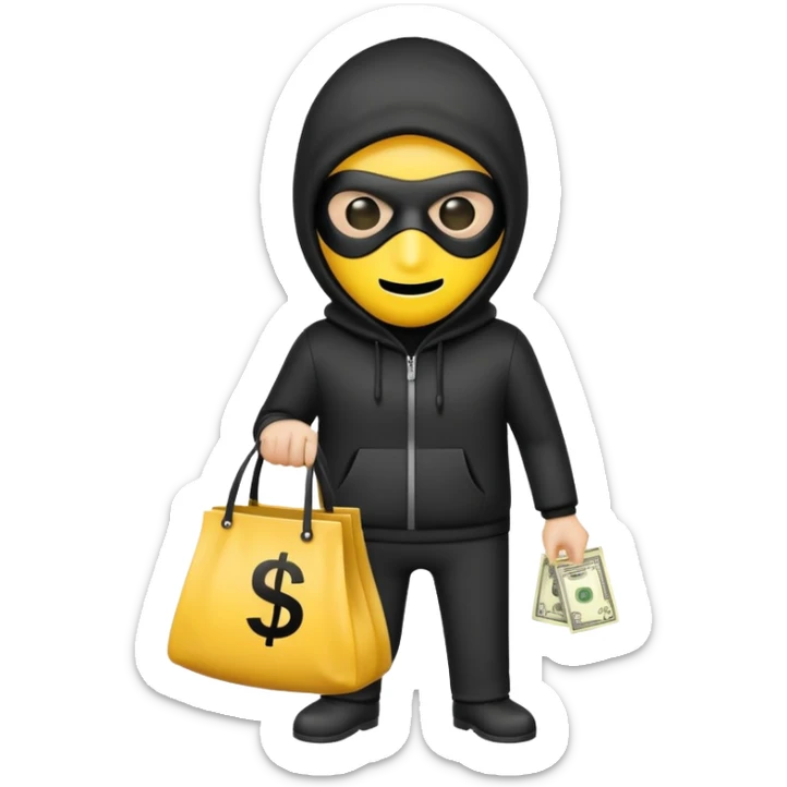 a burglar emoji with a yellow face,black mask, white bag with a dollar sign on it, but with no body, just a head sticker