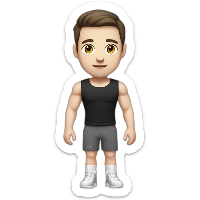 Pale skinned Fit Man With the biceps and dark brown hair in black shirt, gray sports shorts and white Sneakers sticker