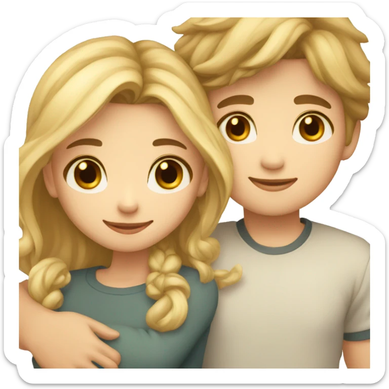 Cute boy with brown hair and cute girl with blonde hair hugging sticker