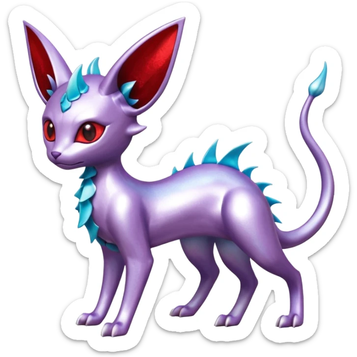 Mechanical Silvery Iridescent Miraidon-Espeon-Mewtwo-Vaporeon-Fakémon-hybrid-creature (full body)  with red eyes and intricate markings sticker