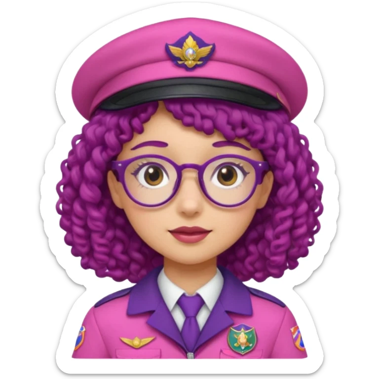 scout girl with very pink scout uniform including hat, dark purple curly haired and glassess sticker