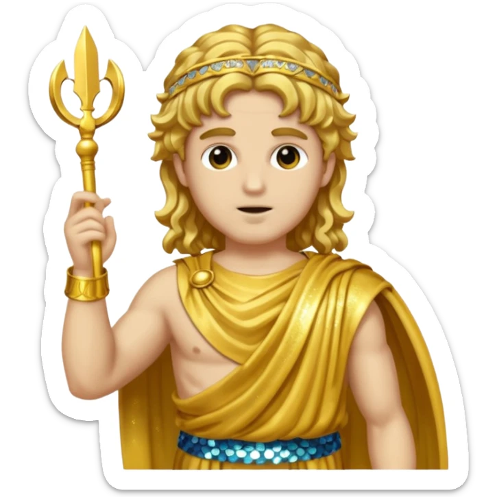 Mercury from Roman Deities with long gold wavy hair, gold sequin toga sticker
