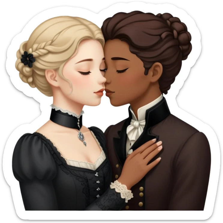 Victorian era lesbian couple kissing tenderly, eyes closed, different hair colors, wearing elegant dark period clothing sticker