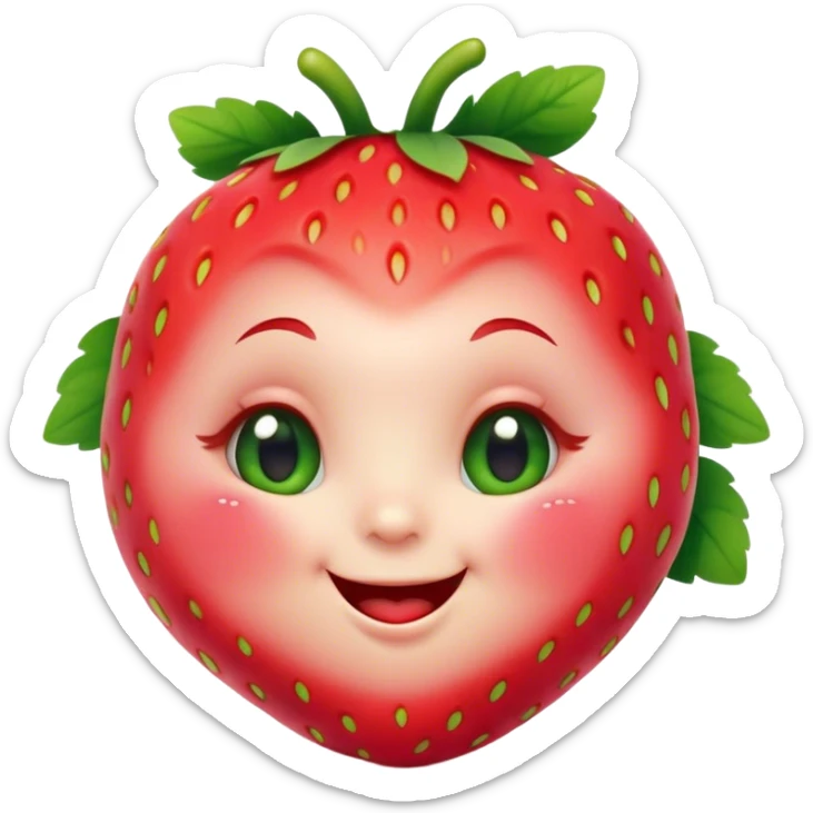 Cinematic plump happy strawberry, glossy bright red, tiny round eyes and blushing cheeks, green leafy top slightly tilted, cheerful and charming. sticker