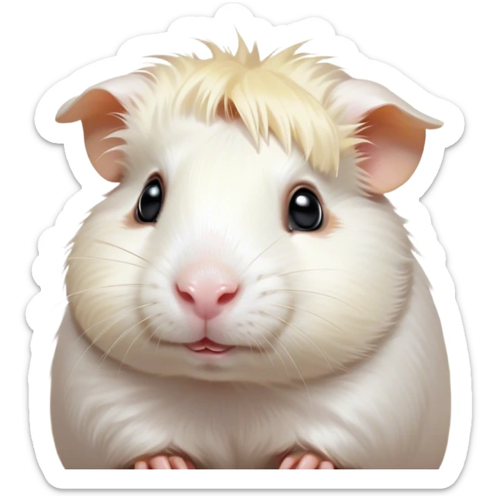 Cinematic Cute White Guinea Pig Portrait Emoji, Head tilted playfully and inquisitively, showcasing a silky, immaculate white coat with a natural glow, round, sparkling dark eyes filled with curiosity, Simplified yet irresistibly adorable features, highly detailed, glowing with a warm, friendly light, high shine, affectionate and lively, stylized with a touch of whimsy, bright and endearing, soft glowing outline, capturing the essence of a mischievous yet loving guinea pig, so playful it feels like it could nuzzle out of the screen and into your arms! sticker