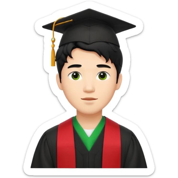 College Graduate asian black hair with wavy hair long  with black red stash with green benilde on the middle sticker