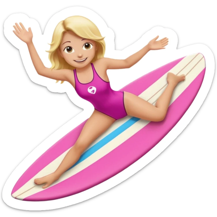 surf girl on a board in a pink one-piece swimsuit, smiling, simple emoji style sticker