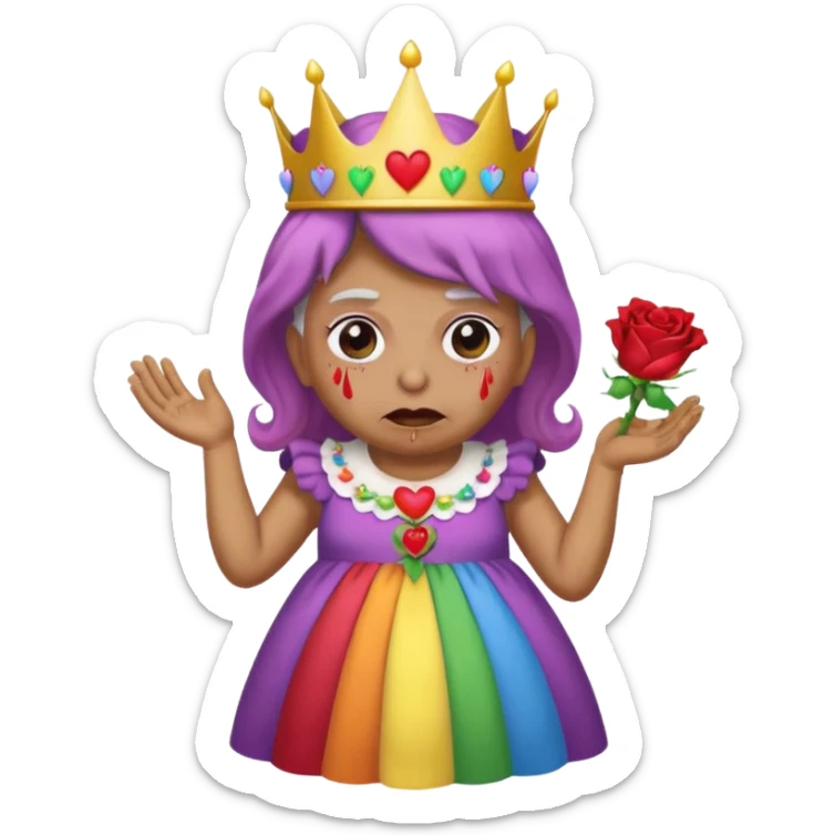 demon rose avec une couronne qui vomi de lar  en ciel  et avec des yeux en forme de coeur avec une robe de mamie sticker