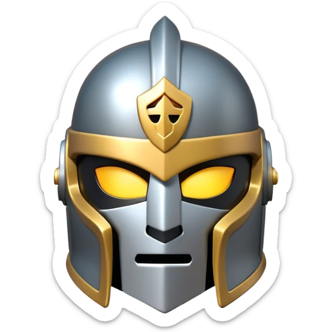 Clash of Clans aesthetic: Cinematic heroic Steel full face Helm Emoji, rendered in a 3D vector-style similar to standard emojis with minimal shading and bold, simplified shapes. A compact, isometric helmet crafted of shining steel with intricate engravings and a protective visor, softly glowing with a noble warrior charm. Simplified yet unmistakably iconic, highly detailed and consistent, glowing with a soft radiant gleam and high polish. Stylized with a touch of chivalric tradition and a soft glowing outline, capturing the essence of a stalwart battle helm with a friendly, playful manner! sticker