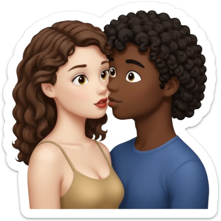 pale girl with brown hair kissing tan boy with black curly hair sticker