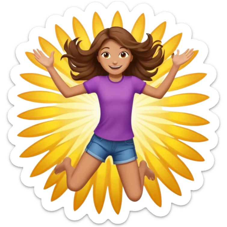 Girl with long brown hair happy jumping in the air with sunbeams in the background  sticker