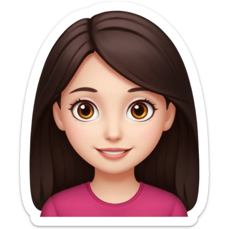 An emoji featuring a girl with dark brown long hair, brown big eyes, light pinkish skin, red cheeks,  sticker