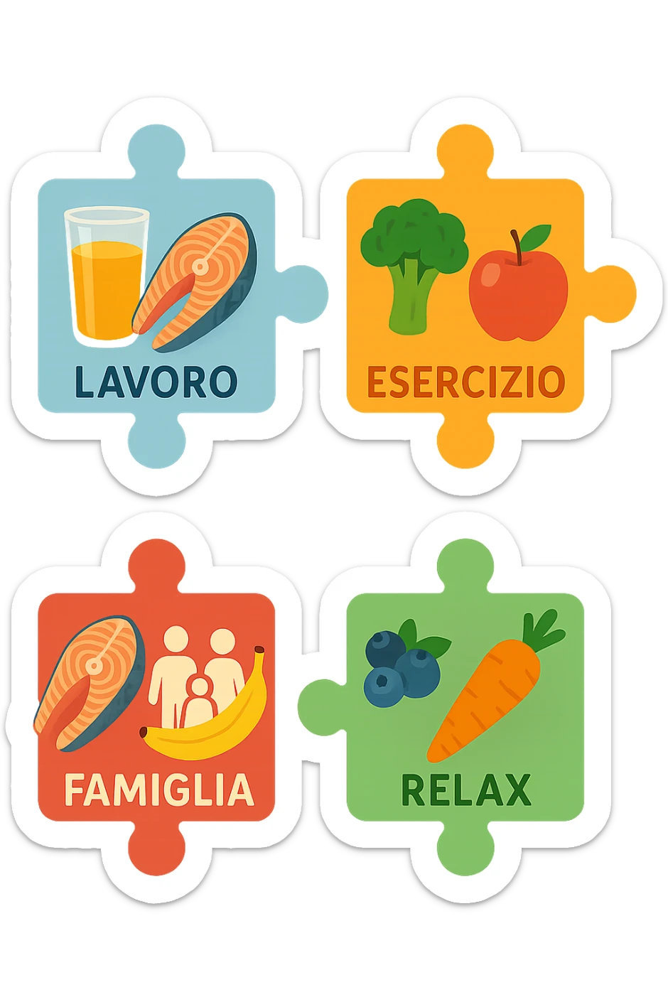 Puzzle (Lavoro, Esercizio, Famiglia, Relax), and healthy foods are integrated into each piece. in italiano sticker