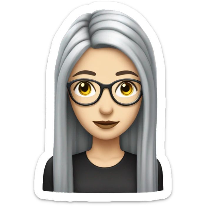 Attractive Caucasian woman with long straight grey hair worn in a braid, wearing wire frame glasses, looks goth sticker