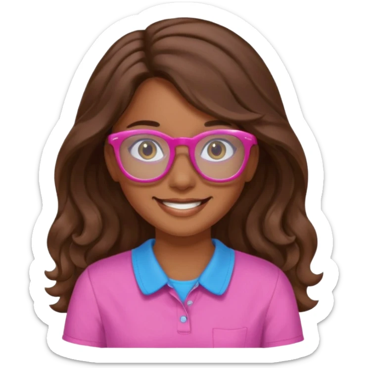 Una chica color de piel sea morena ligado con blanco ojos cafés una sonrisa 🙂 cabello largo ondulado y café camisa de color rosa y lentes de ver azules  sticker